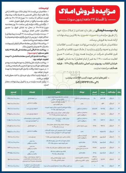 مزایده,مزایده فروش تعدادی از املاک مازاد