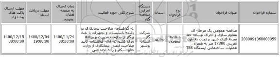 مناقصه عمومی یک مرحله ای مقاوم سازی و اجرای توسعه خط تغذیه فلزی شهر برازجان به طول تقریبی 17300 متر به همراه عملیات ساختمانی ایستگاه TBS