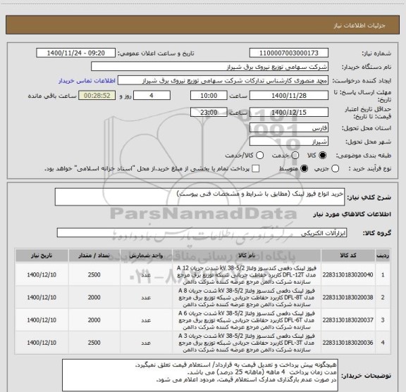 استعلام خرید انواع فیوز لینک (مطابق با شرایط و مشخصات فنی پیوست)