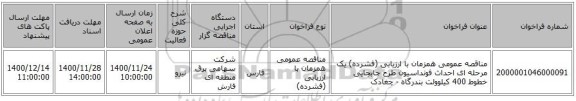 مناقصه عمومی همزمان با ارزیابی (فشرده) یک مرحله ای احداث فونداسیون طرح جابجایی خطوط 400 کیلوولت بندرگاه - چغادک 