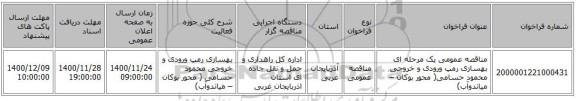 مناقصه عمومی یک مرحله ای بهسازی رمپ ورودی و خروجی محمود حسامی( محور بوکان –  میاندوآب)