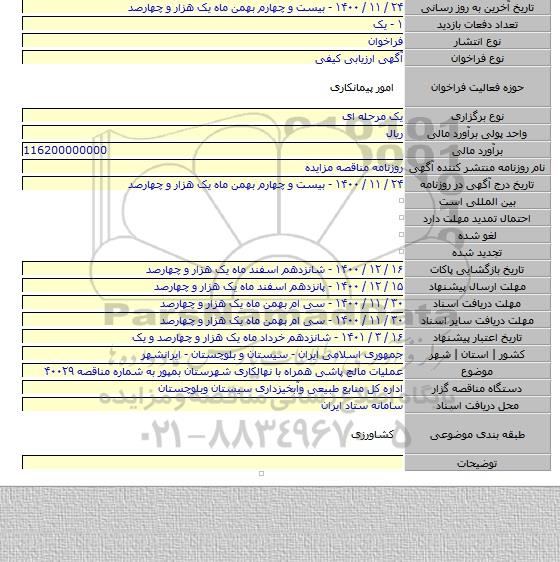 عملیات مالچ پاشی همراه با نهالکاری شهرستان بمپور به شماره مناقصه ۴۰۰۲۹