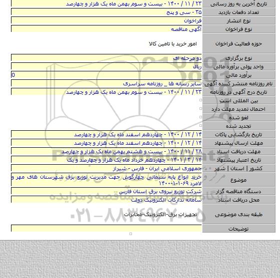 خرید انواع پایه سیمانی چهارگوش جهت مدیریت توزیع برق شهرستان های مهر و لامرد ۶۹-۱-۱-۱۴۰۰
