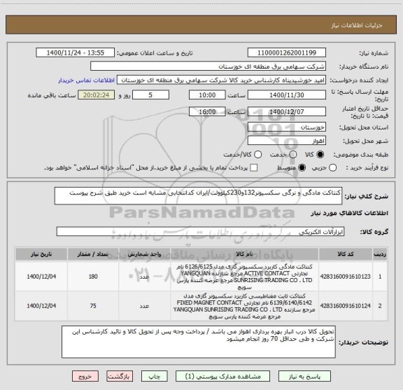 استعلام کنتاکت مادگی و نرگی سکسیونر132و230کیلوولت/ایران کدانتخابی مشابه است خرید طبق شرح پیوست