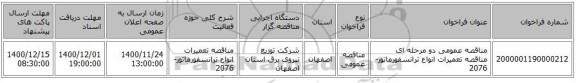 مناقصه عمومی دو مرحله ای مناقصه تعمیرات انواع ترانسفورماتور-2076