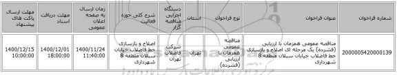 مناقصه عمومی همزمان با ارزیابی (فشرده) یک مرحله ای اصلاح و بازسازی خط فاضلاب خیابان سبلان منطقه 8 شهرداری 