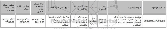 مناقصه عمومی یک مرحله ای  واگذاری فعالیت خدمات شهری شهرداری هفشجان به بخش خصوصی