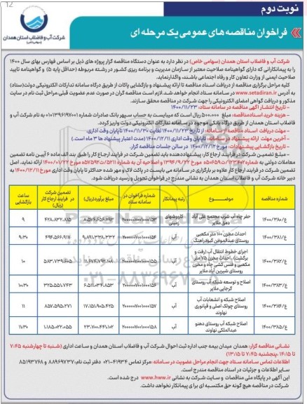 فراخوان مناقصه های عمومی حفر چاه آب شرب و... - نوبت دوم