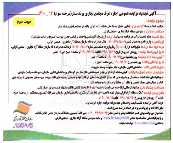 تجدید مزایده، تجدید مزایده عمومی اجاره غرف - مرحله سوم نوبت دوم
