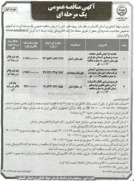 مناقصه، مناقصه عمومی تکمیل عملیات مرمت و بهسازی آببندان... 