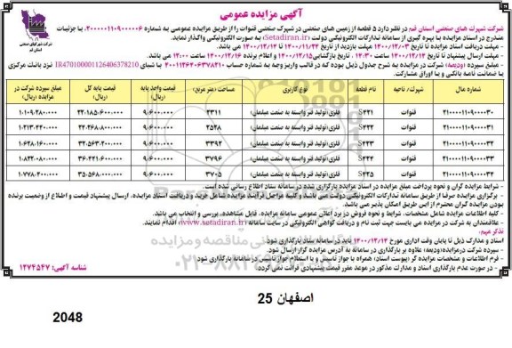 مزایده واگذاری 5 قطعه زمین های صنعتی 