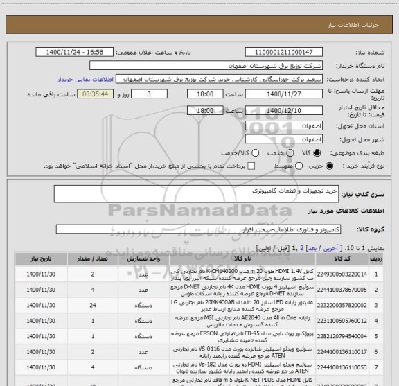استعلام خرید تجهیزات و قطعات کامپیوتری
