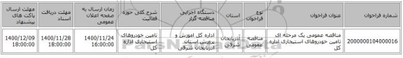 مناقصه عمومی یک مرحله ای تامین خودروهای استیجاری اداره کل