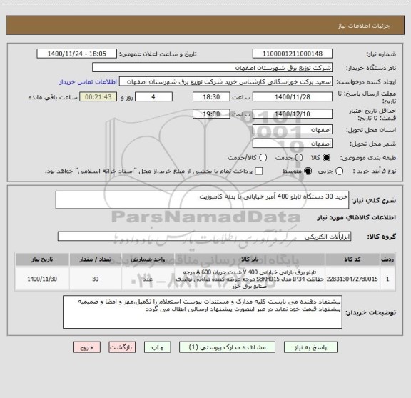 استعلام خرید 30 دستگاه تابلو 400 آمپر خیابانی با بدنه کامپوزیت