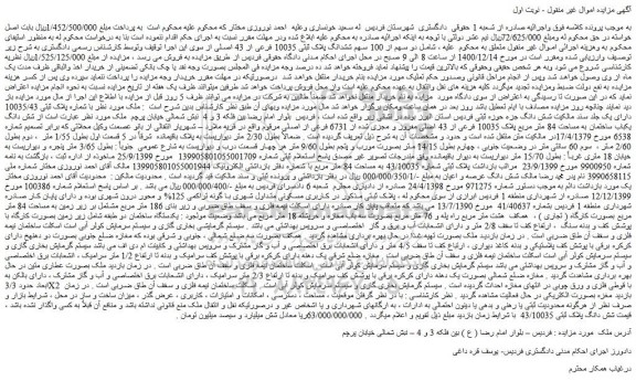 مزایده فروش دو سهم از 100 سهم ششدانگ پلاک ثبتی 10035 فرعی از 43 اصلی
