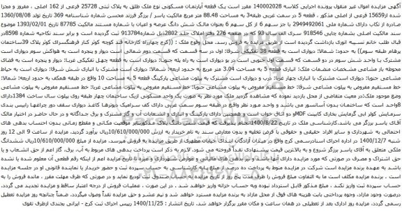 یک قطعه آپارتمان مسکونی نوع ملک طلق به پلاک ثبتی 25728 فرعی از 162 اصلی 
