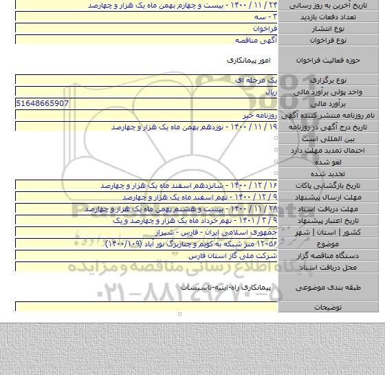 ۱۲۰۵۶ متر شبکه به کویم و چناربرگ نور آباد (۱۴۰۰/۱۰۹)