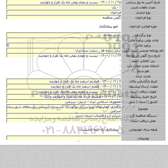 واگذاری فعالیتهای بهره برداری ونگهداری تاسیسات آبرسانی روستاهای شهرستان سرعین