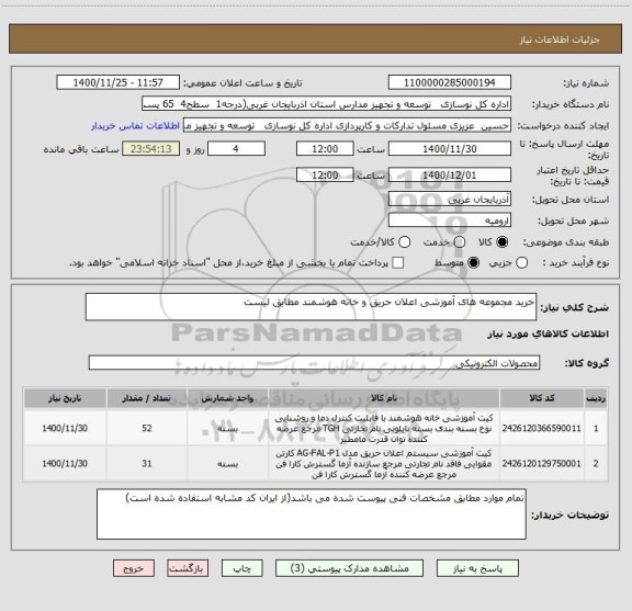 استعلام خرید مجموعه های آموزشی اعلان حریق و خانه هوشمند مطابق لیست