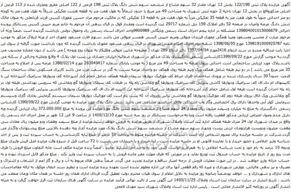 آگهی مزایده مزایده پلاک ثبتی 122/198 بخش 12 تهران مقدار 32 سهم مشاع