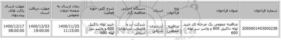 مناقصه عمومی یک مرحله ای خرید لوله داکتیل 600 و واشر سر لوله 600