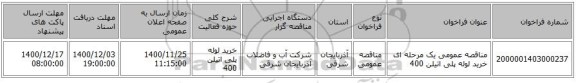 مناقصه عمومی یک مرحله ای خرید لوله پلی اتیلن 400