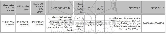 مناقصه عمومی یک مرحله ای خرید شیر قطع و وصل 1/2،شیر کلافه برنزی1/2،شیر فلکه گازی برنزی1/2،شیر یکطرفه برنزی1/2 و شیر قطع و وصل 1 اینچ
