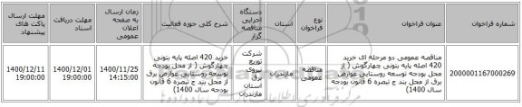 مناقصه عمومی دو مرحله ای خرید 420 اصله پایه بتونی چهارگوش ( از محل بودجه توسعه روستایی عوارض برق از محل بند ج تبصره 6 قانون بودجه سال 1400)
