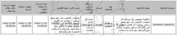 مناقصه عمومی یک مرحله ای عملیات تکمیلی باند دوم محور سامن بروجرد حد فاصل کیلومتر 0 الی 14.325 شامل عملیات خاکی دوربرگردانها، روسازی و آسفالت 