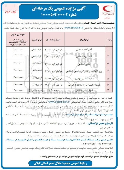 مزایده فروش میزانی اموال اسقاطی - نوبت دوم