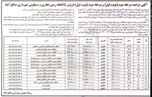 مزایده، مزایده فروش تعداد 15 قطعه زمین تجاری و مسکونی (بدون پروانه) 