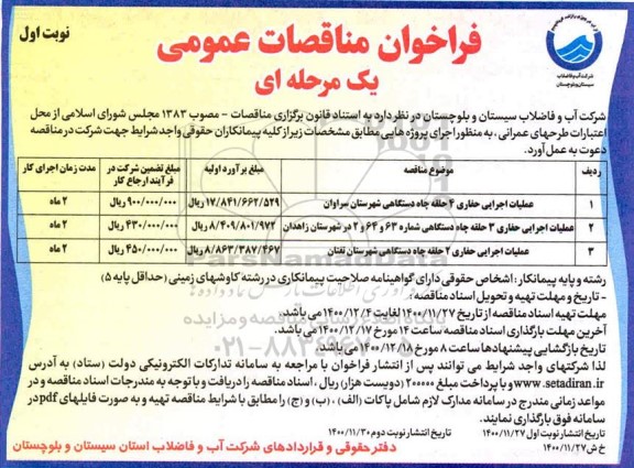 مناقصه عملیات اجرایی حفاری 4 حلقه چاه دستگاهی و...