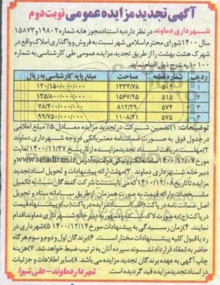 تجدید مزایده فروش و واگذاری املاک در شهرک هشت بهشت - نوبت دوم