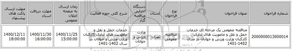 مناقصه عمومی یک مرحله ای خدمات حمل و نقل و ماموریت های اداری کارکنان وزارت ورزش و جوانان در سال 1402-1401