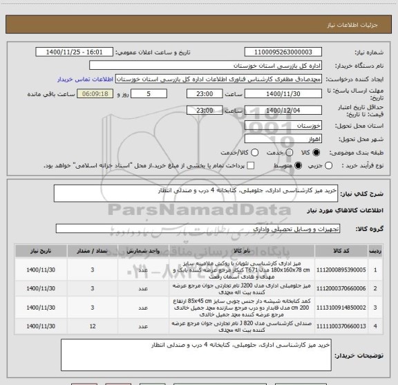 استعلام خرید میز کارشناسی اداری، جلومبلی، کتابخانه 4 درب و صندلی انتظار