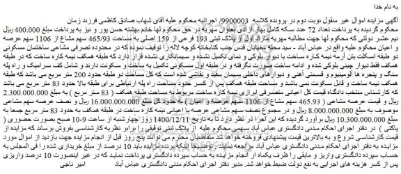 مزایده ملک به پلاک ثبتی 193 فرعی از 159 اصلی به مساحت 465/93