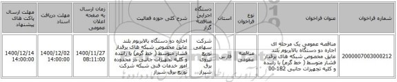 مناقصه عمومی یک مرحله ای اجاره دو دستگاه بالابربوم بلند عایق مخصوص شبکه های برقدار فشار متوسط ( خط گرم) با راننده و کلیه تجهیزات جانبی 182-00