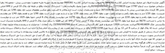 آگهی مزایده ششدانگ آپارتمان واقع در طبقه اول پلاک 10 فرعی از 649 اصلی