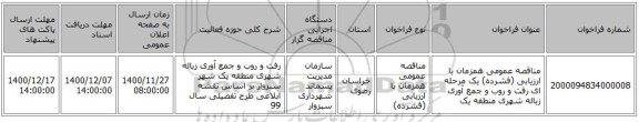 مناقصه عمومی همزمان با ارزیابی (فشرده) یک مرحله ای رفت و روب و جمع آوری زباله شهری منطقه یک