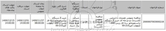 مناقصه عمومی همزمان با ارزیابی (فشرده) دو مرحله ای خرید 5 دستگاه ترانسفورماتور سه فاز رزینی  630 کیلوولت آمپر210-00