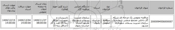 مناقصه عمومی یک مرحله ای شبکه گاز داخلی مجتمع صنعتی شماره یک سازمان مدیریت پسماند شهرداری مشهد