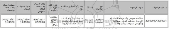 مناقصه عمومی یک مرحله ای انجام اقدامات حفاظت فیزیکی ومراقبت ونگهبانی سازمان پارکها وفضای سبز
