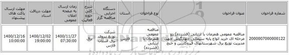 مناقصه عمومی همزمان با ارزیابی (فشرده) دو مرحله ای خرید انواع پایه سیمانی چهارگوش جهت مدیریت توزیع برق شهرستانهای قیروکارزین و خنج 