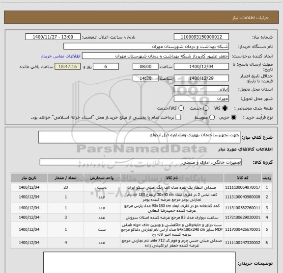 استعلام جهت تجهیزساختمان بهورزی ومشاوره قبل ازدواج