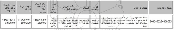 مناقصه عمومی یک مرحله ای خرید تجهیزات و اقلام مورد نیاز واحدهای عملیاتی و پشتیبانی سازمان آتش نشانی و خدمات ایمنی شهرداری تبریز