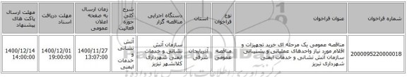 مناقصه عمومی یک مرحله ای خرید تجهیزات و اقلام مورد نیاز واحدهای عملیاتی و پشتیبانی سازمان آتش نشانی و خدمات ایمنی شهرداری تبریز