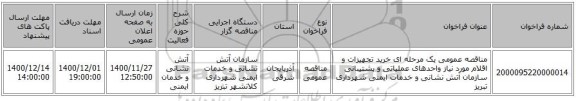 مناقصه عمومی یک مرحله ای خرید تجهیزات و اقلام مورد نیاز واحدهای عملیاتی و پشتیبانی سازمان آتش نشانی و خدمات ایمنی شهرداری تبریز