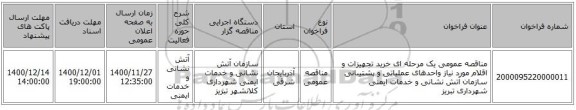 مناقصه عمومی یک مرحله ای خرید تجهیزات و اقلام مورد نیاز واحدهای عملیاتی و پشتیبانی سازمان آتش نشانی و خدمات ایمنی شهرداری تبریز