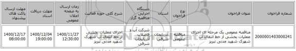 مناقصه عمومی یک مرحله ای اجرای عملیات بخشی از خط انتقال آب شهرک شهید مدنی تبریز	