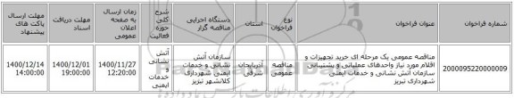 مناقصه عمومی یک مرحله ای خرید تجهیزات و اقلام مورد نیاز واحدهای عملیاتی و پشتیبانی سازمان آتش نشانی و خدمات ایمنی شهرداری تبریز